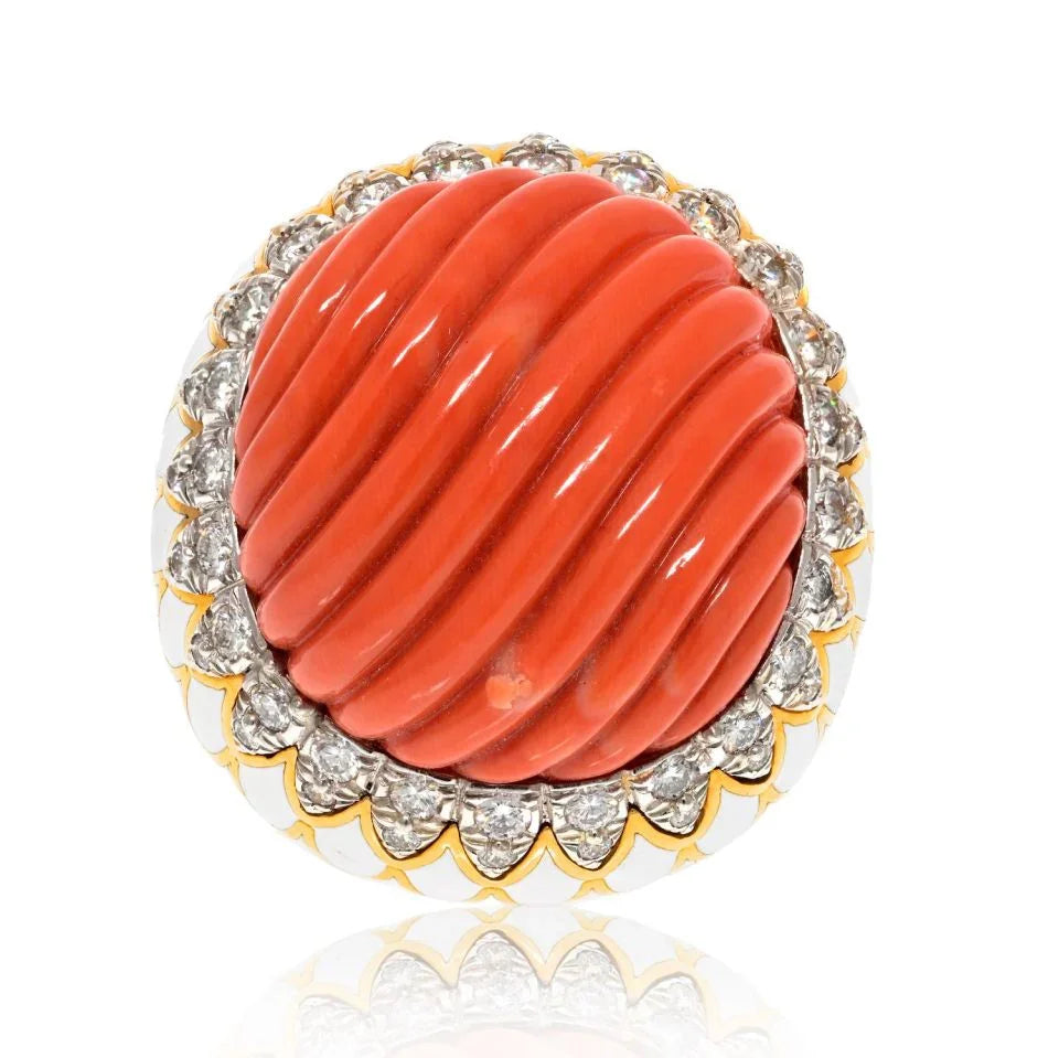 David Webb Platinum & 18K Yellow Gold Large Fluted Coral, White Enamel, Diamond Ring - The Back Vault