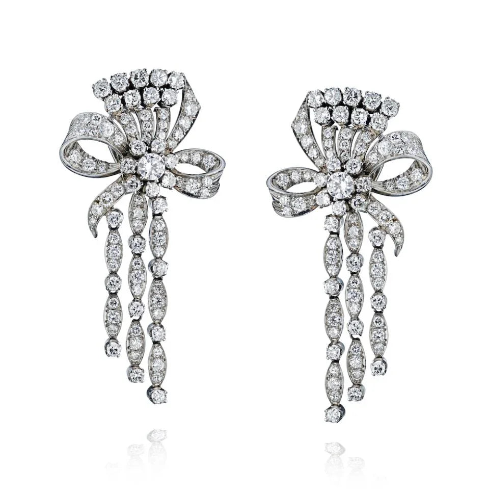 Retro Platinum 13 carat Bow Diamonds Hanging Earrings - The Back Vault