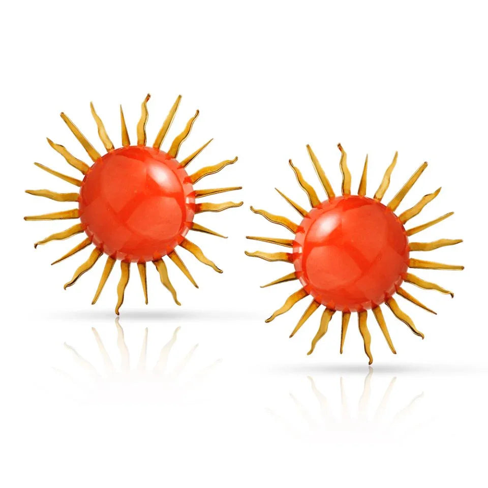 18K Yellow Gold Round Orange Coral Sunburst Sunshine Clip-On Earrings - The Back Vault