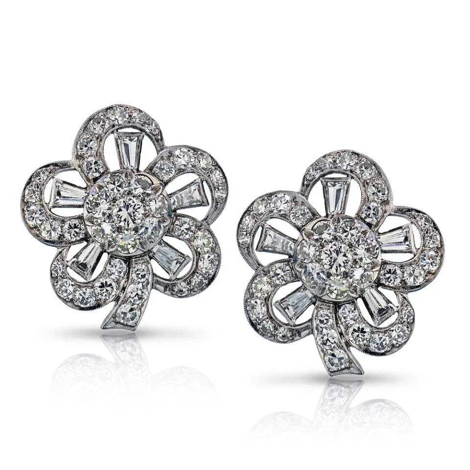 Retro Platinum 8.50 carat Baguette, Round Cut Diamond Flower Earrings - The Back Vault