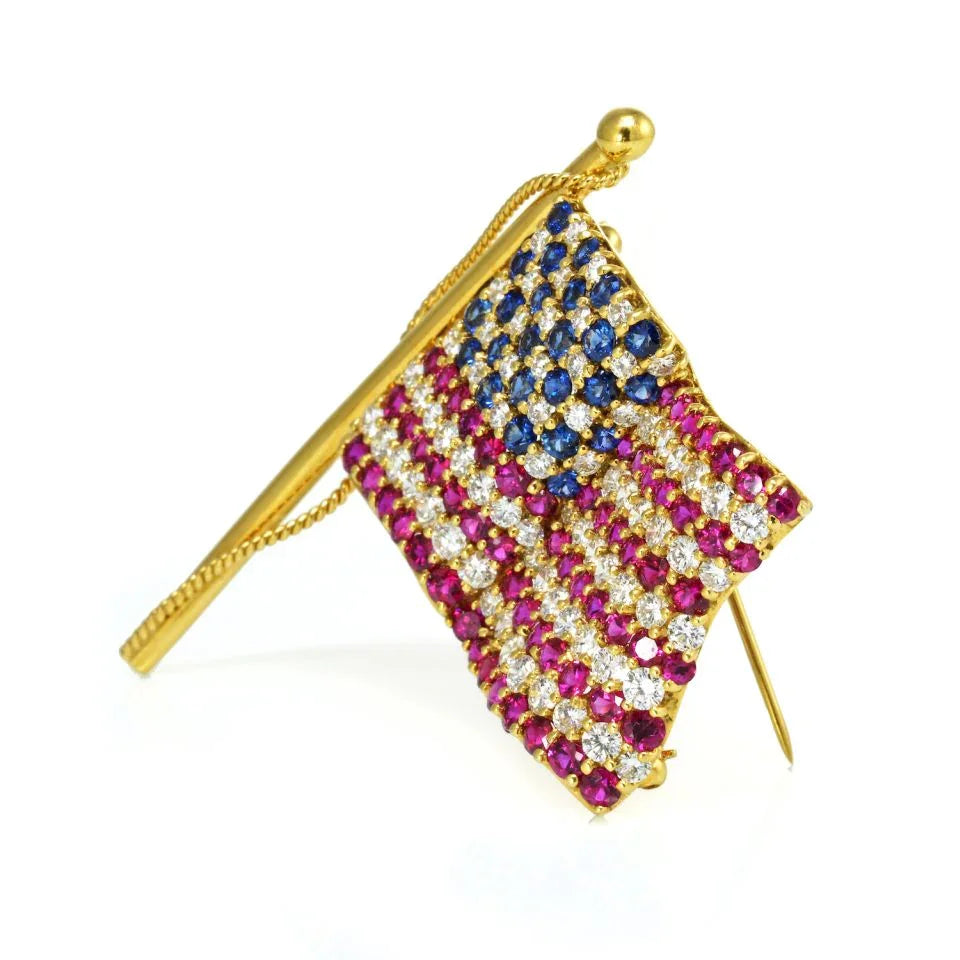 Tiffany & Co. 18K Yellow Gold American Flag with Diamonds Rubies & Sapphires Brooch - The Back Vault