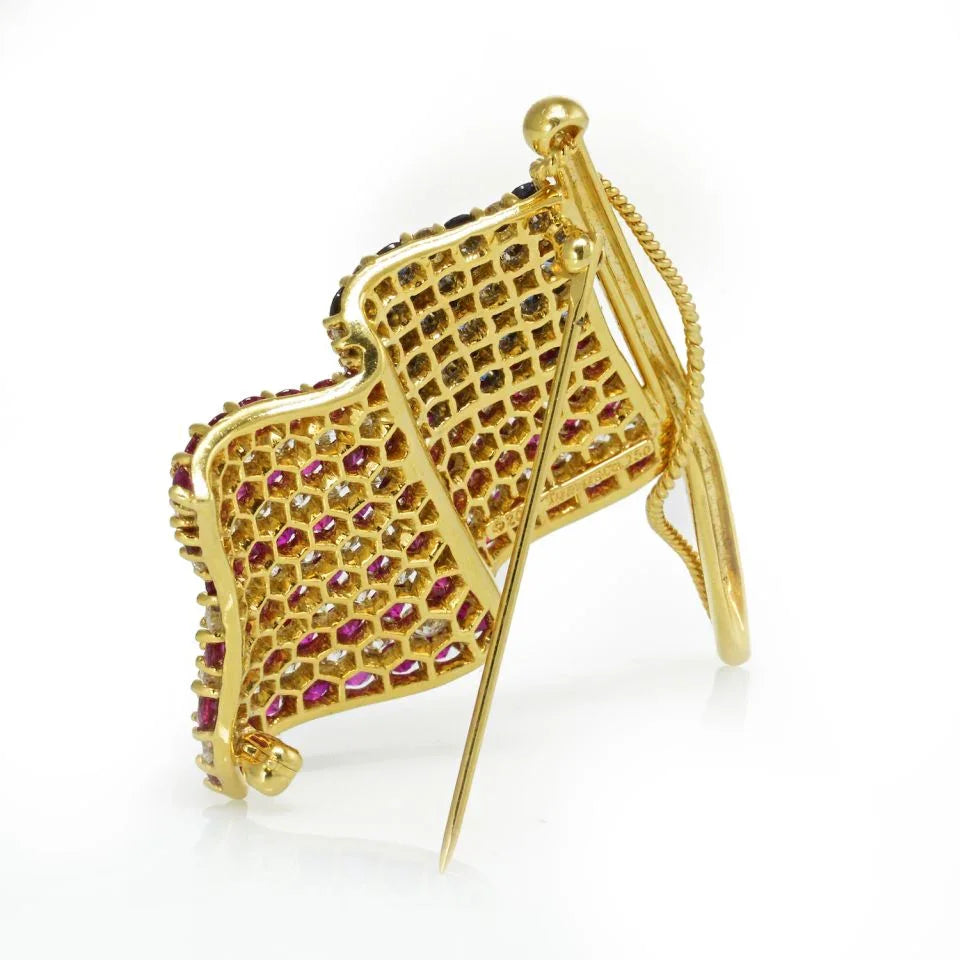 Tiffany & Co. 18K Yellow Gold American Flag with Diamonds Rubies & Sapphires Brooch - The Back Vault