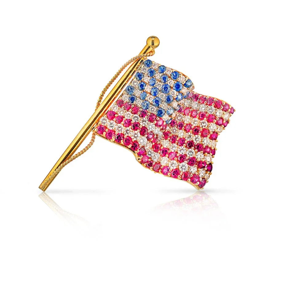 Tiffany & Co. 18K Yellow Gold American Flag with Diamonds Rubies & Sapphires Brooch - The Back Vault