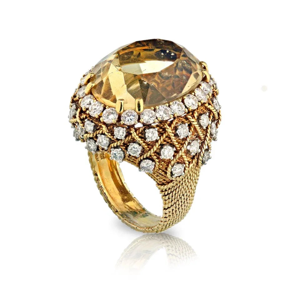 David Webb Platinum & 18K Yellow Gold 5.50 Carat Diamond, Oval Citrine Ring - The Back Vault