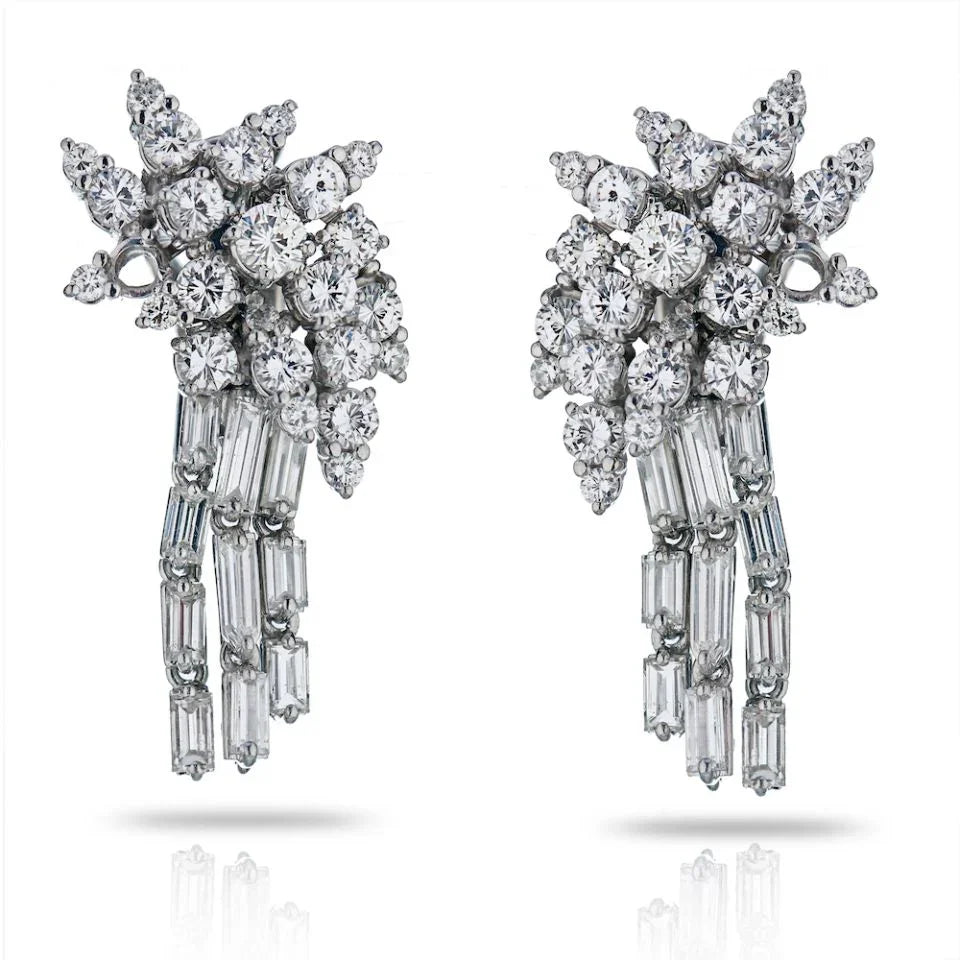 Circa 1960's Platinum 6.50 Carat Waterfall Diamond Earrings - The Back Vault