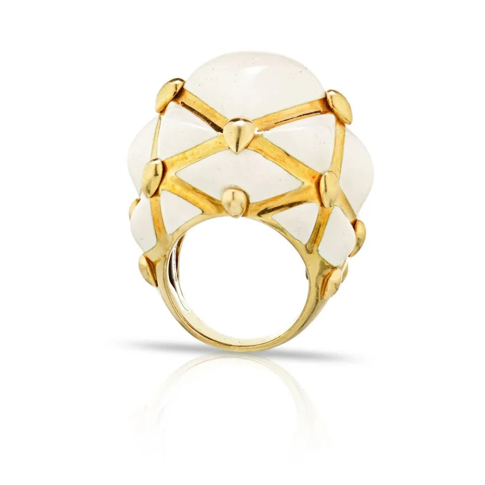 David Webb Circa 1970's 18K Yellow Gold White Enamel Dome Ring - The Back Vault
