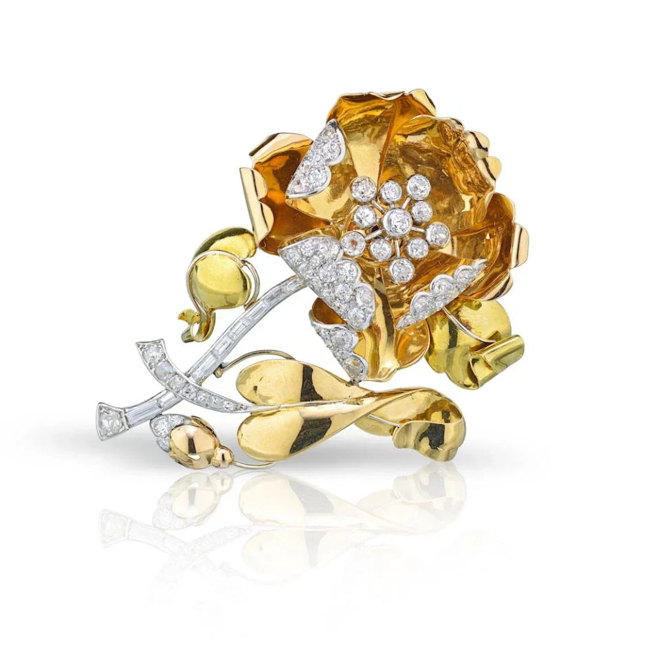 Platinum 5 carat Diamond Flower Brooch - The Back Vault