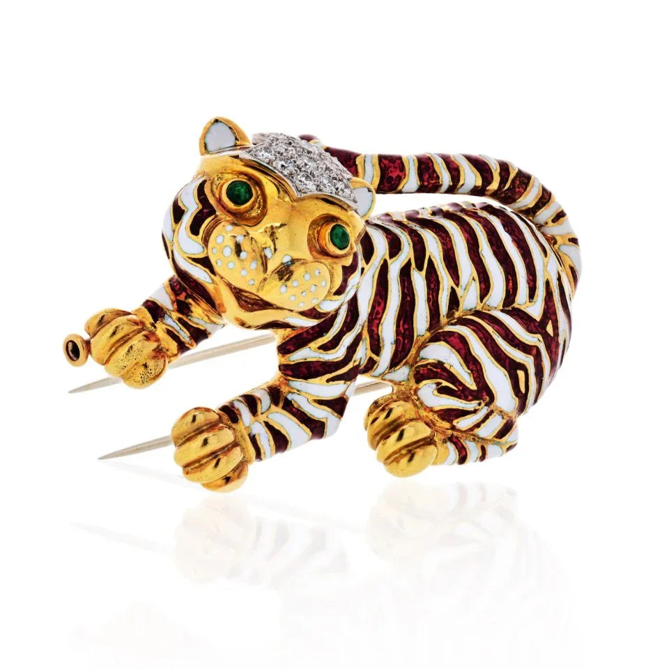 David Webb Platinum & 18K Yellow Gold Tiger Red,White Enamel Diamonds Brooch - The Back Vault