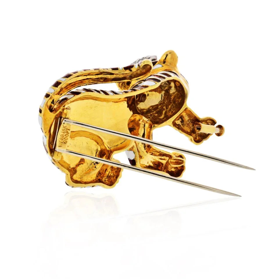 David Webb Platinum & 18K Yellow Gold Tiger Red,White Enamel Diamonds Brooch - The Back Vault