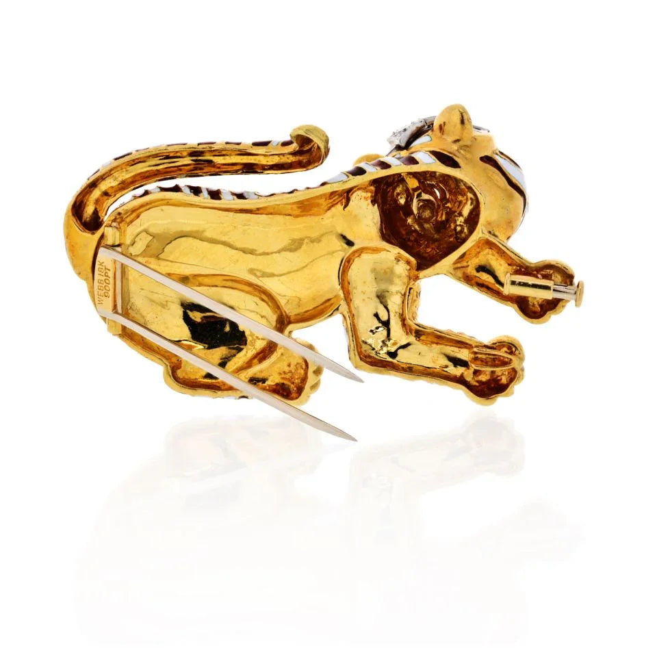 David Webb Platinum & 18K Yellow Gold Tiger Red,White Enamel Diamonds Brooch - The Back Vault