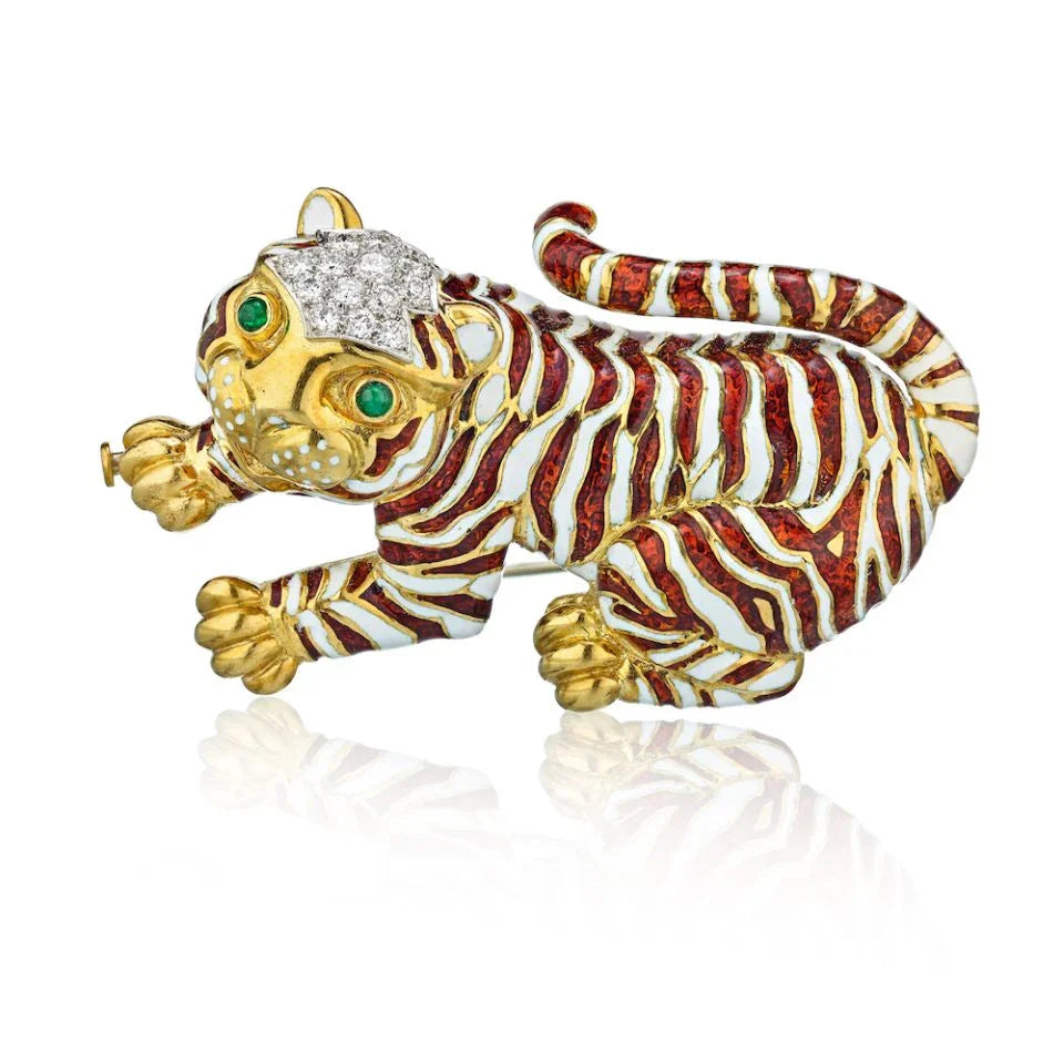 David Webb Platinum & 18K Yellow Gold Tiger Red,White Enamel Diamonds Brooch - The Back Vault