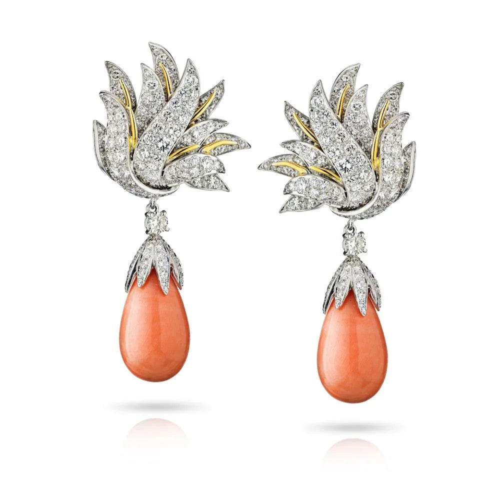 Platinum & 18K White Gold 7 carat Diamond And Drop Coral Earrings - The Back Vault