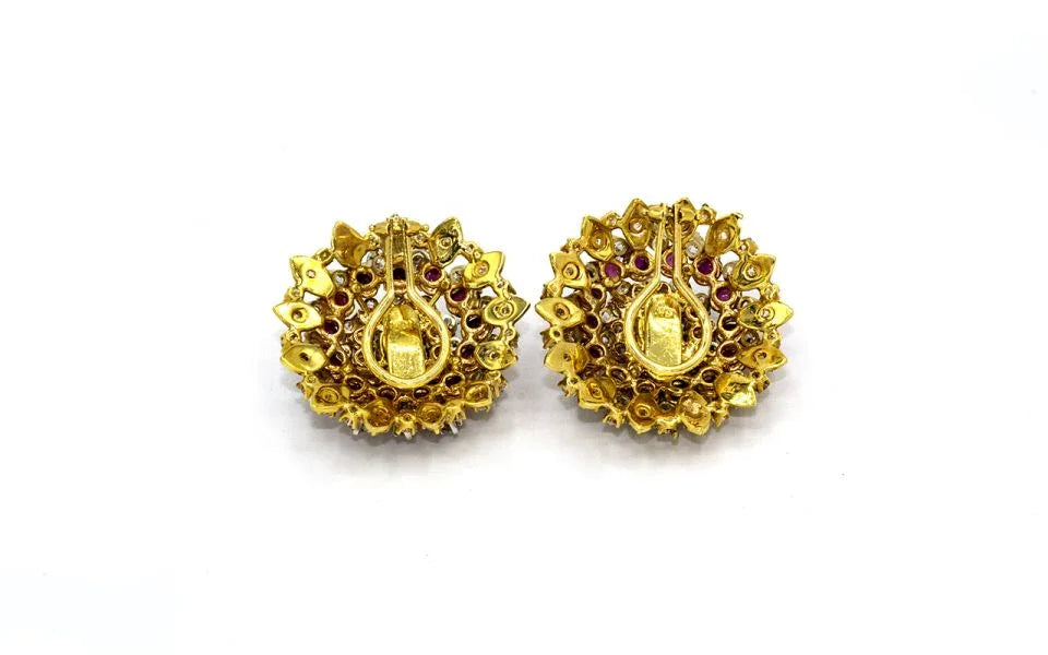 Circa 1960's 18K Yellow Gold Diamond Emerald & Ruby Earrings - The Back Vault