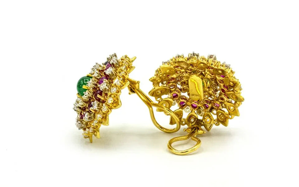 Circa 1960's 18K Yellow Gold Diamond Emerald & Ruby Earrings - The Back Vault