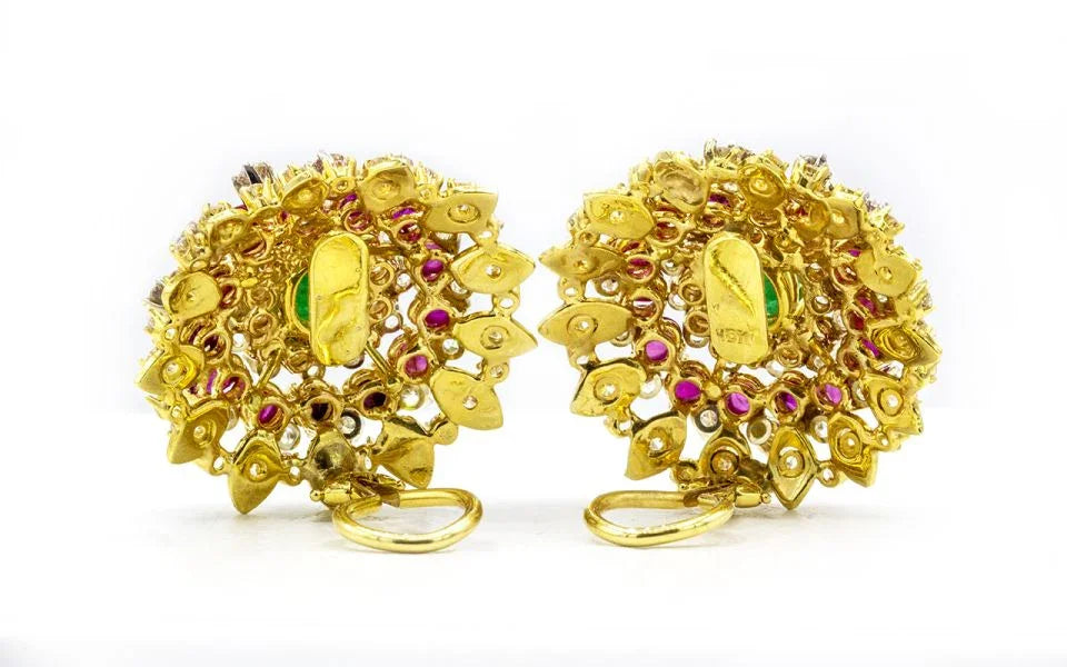 Circa 1960's 18K Yellow Gold Diamond Emerald & Ruby Earrings - The Back Vault