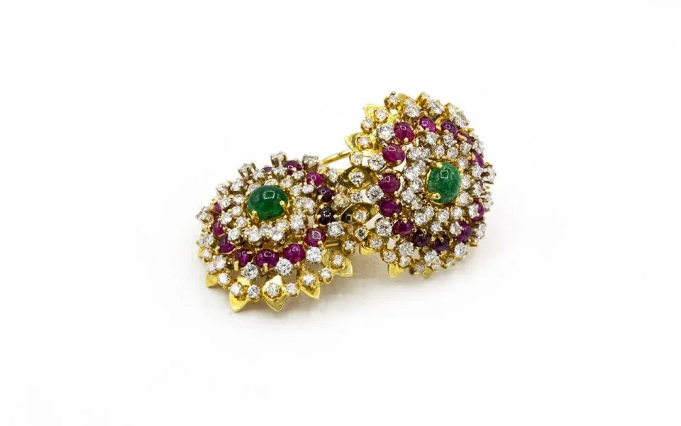 Circa 1960's 18K Yellow Gold Diamond Emerald & Ruby Earrings - The Back Vault