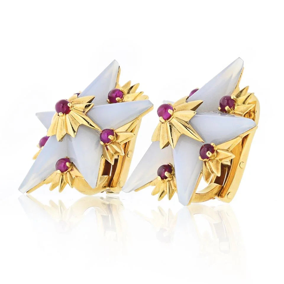 Tiffany & Co. Schlumberger 18K Yellow Gold French Agate And Ruby Star Clip-On Earrings - The Back Vault