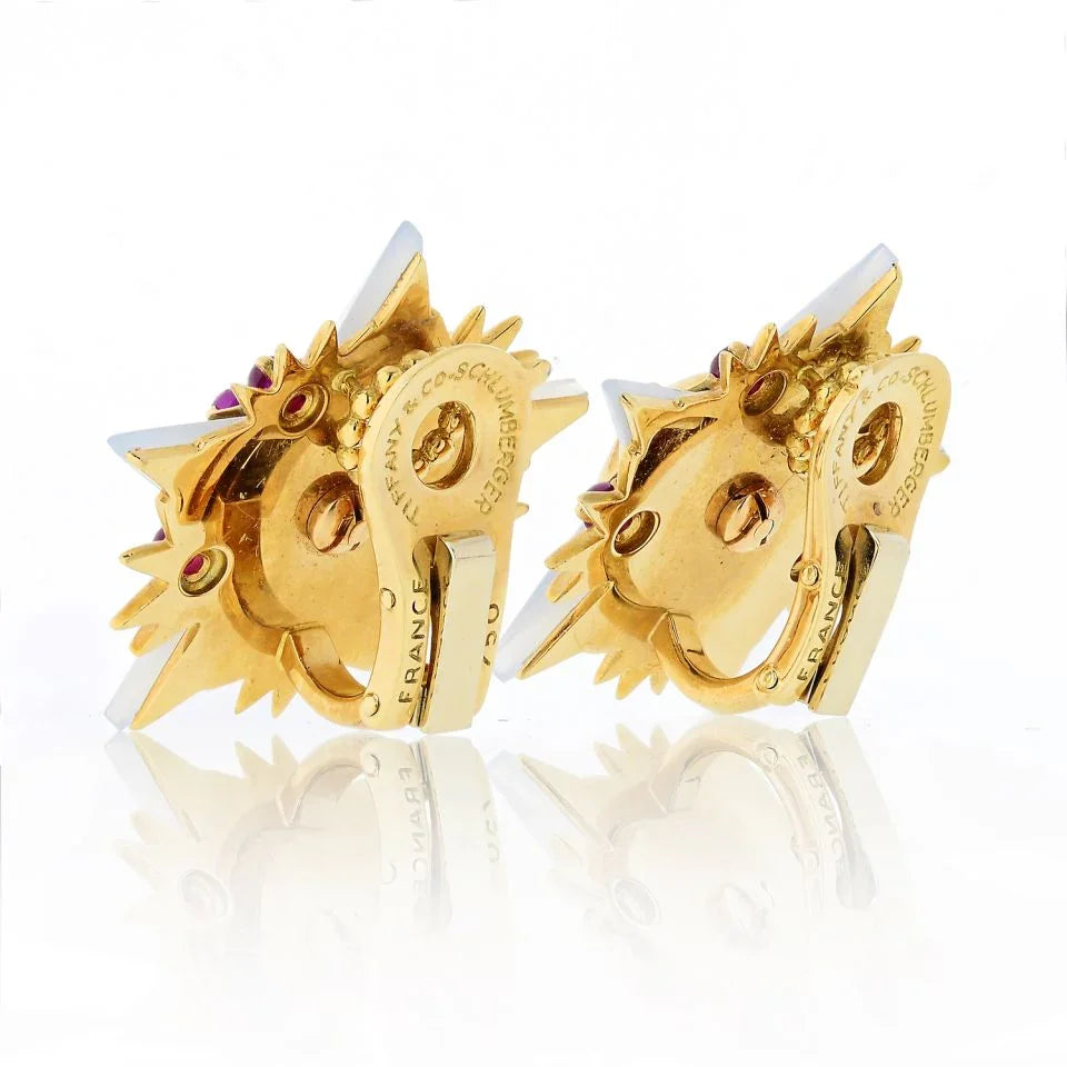 Tiffany & Co. Schlumberger 18K Yellow Gold French Agate And Ruby Star Clip-On Earrings - The Back Vault