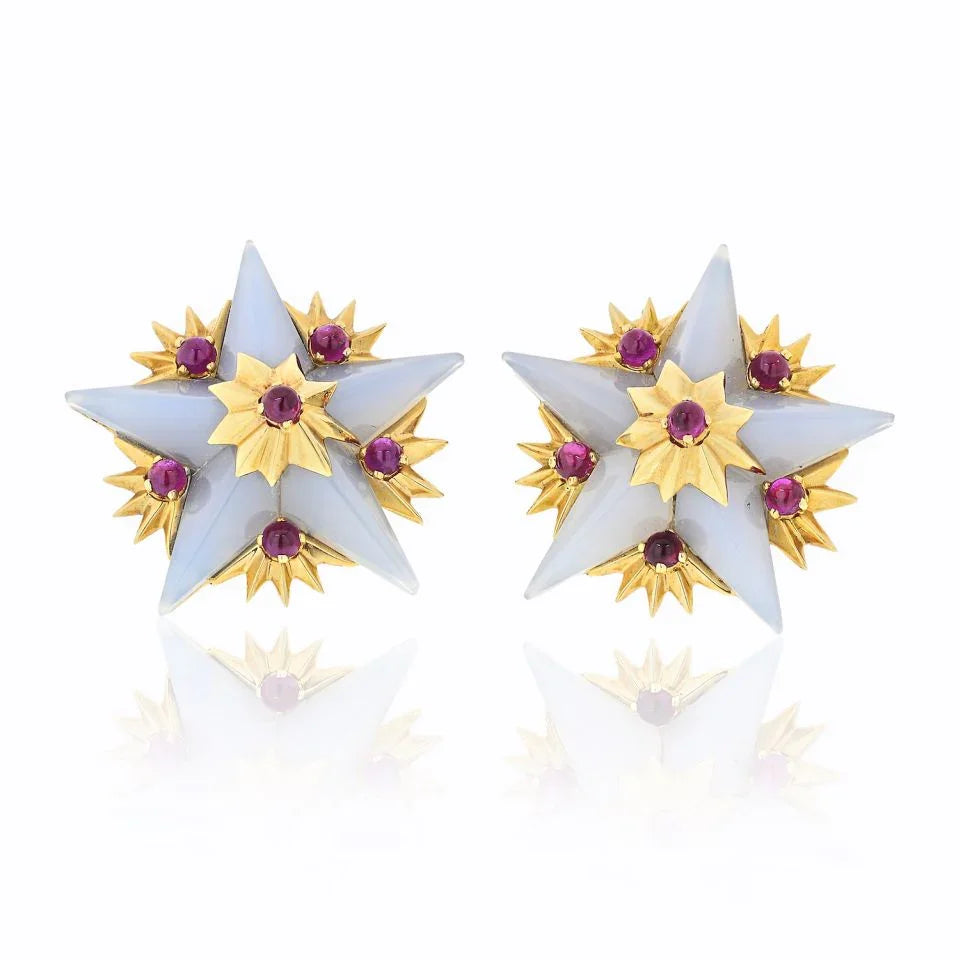 Tiffany & Co. Schlumberger 18K Yellow Gold French Agate And Ruby Star Clip-On Earrings - The Back Vault