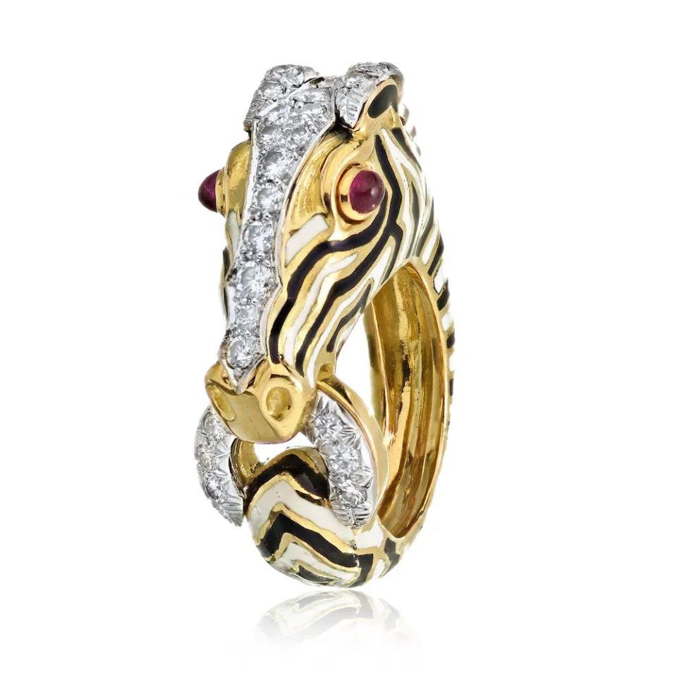 David Webb Zebra Platinum & 18K Yellow Gold with Black & White Enamel and Diamonds Ring - The Back Vault