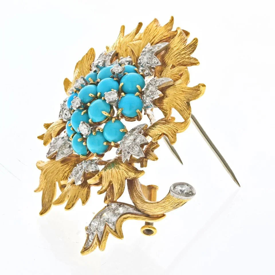 David Webb Platinum & 18K Yellow Gold Turquoise And Diamond Floral Brooch - The Back Vault