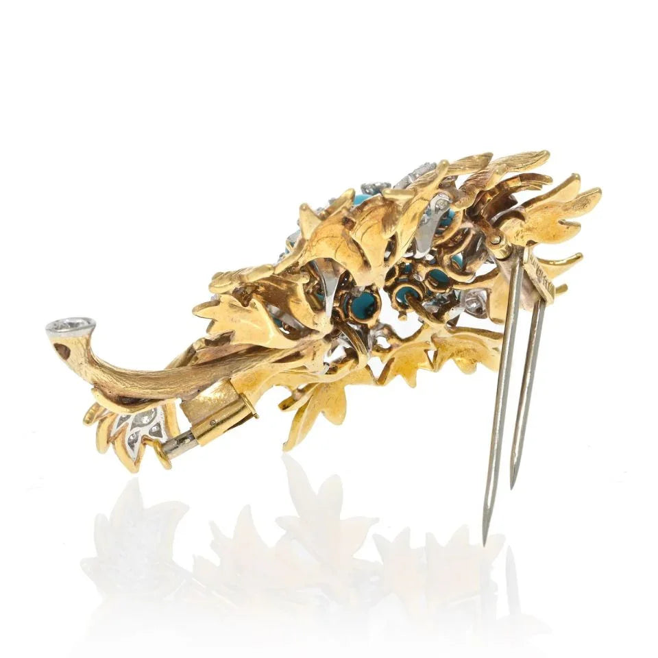 David Webb Platinum & 18K Yellow Gold Turquoise And Diamond Floral Brooch - The Back Vault