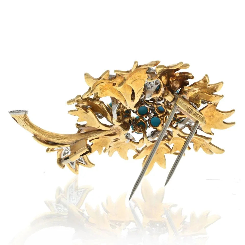 David Webb Platinum & 18K Yellow Gold Turquoise And Diamond Floral Brooch - The Back Vault