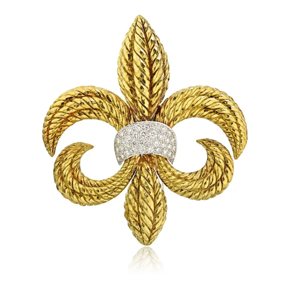 David Webb Platinum & 18K Yellow Gold Heraldic Fleur De Lis Diamond Brooch - The Back Vault