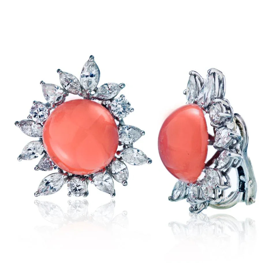 Circa 1960's Platinum 8.00 Carat Diamond And Coral Earrings - The Back Vault
