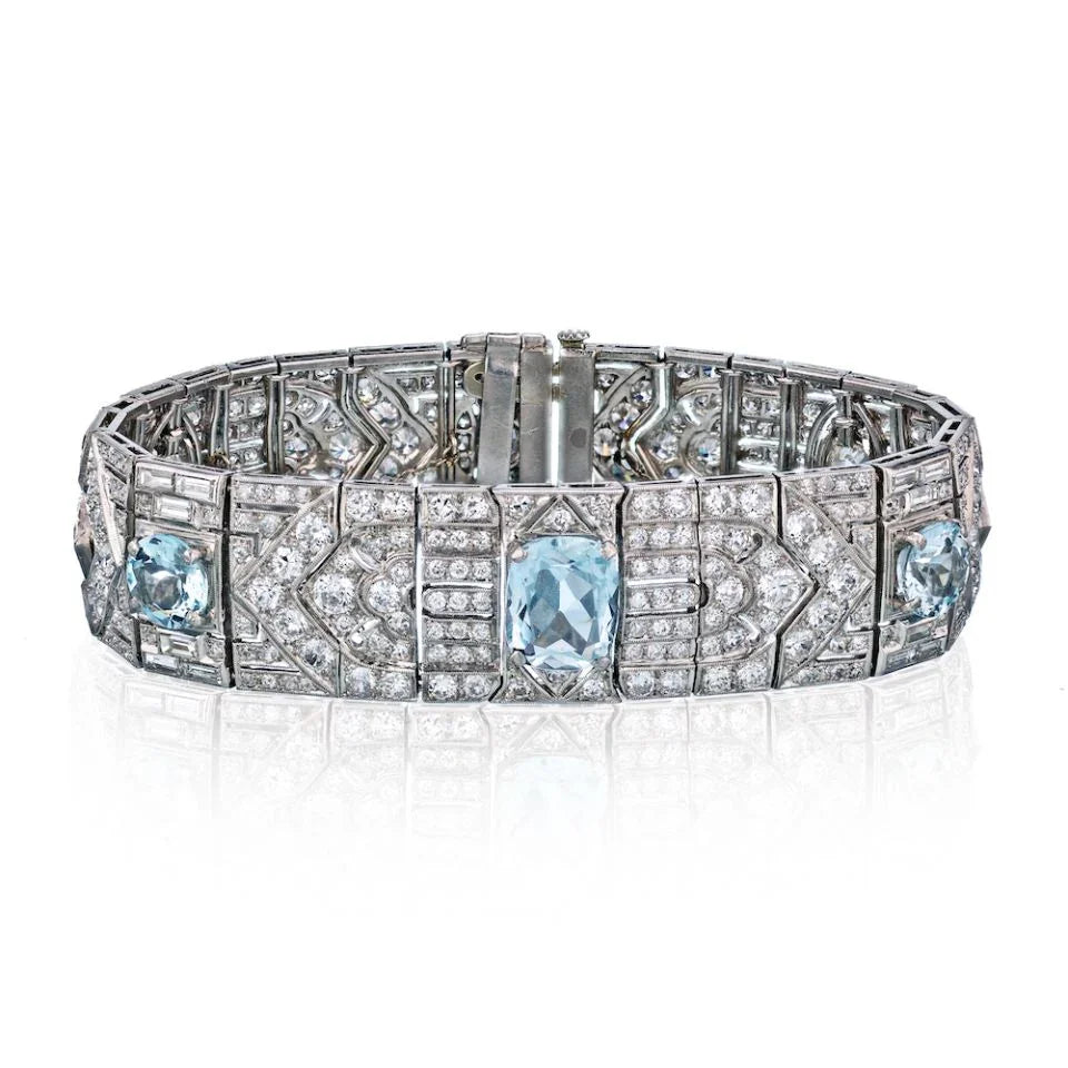 French Art Deco Platinum Aquamarine and Diamond Carpet Bracelet - The Back Vault