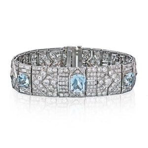 French Art Deco Platinum Aquamarine and Diamond Carpet Bracelet