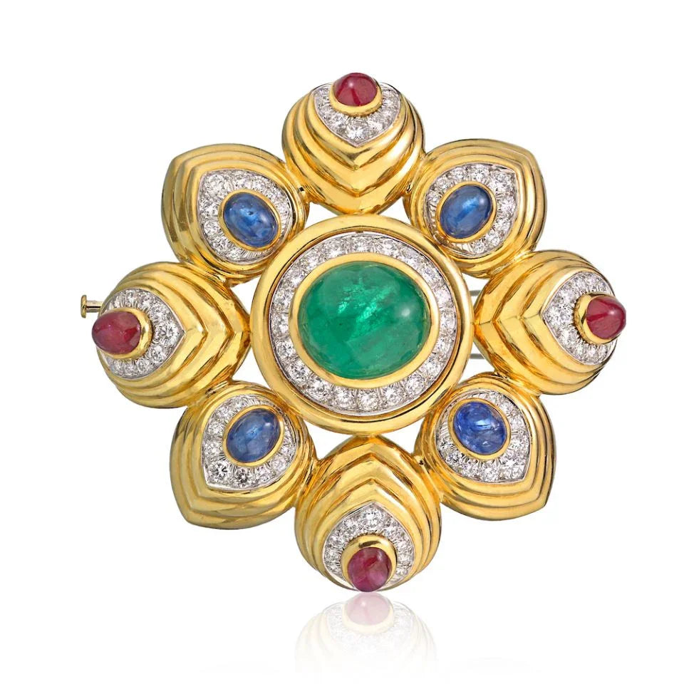 David Webb Yellow Gold Multi Color Cabochon & Diamond Maltese Cross Brooch - The Back Vault
