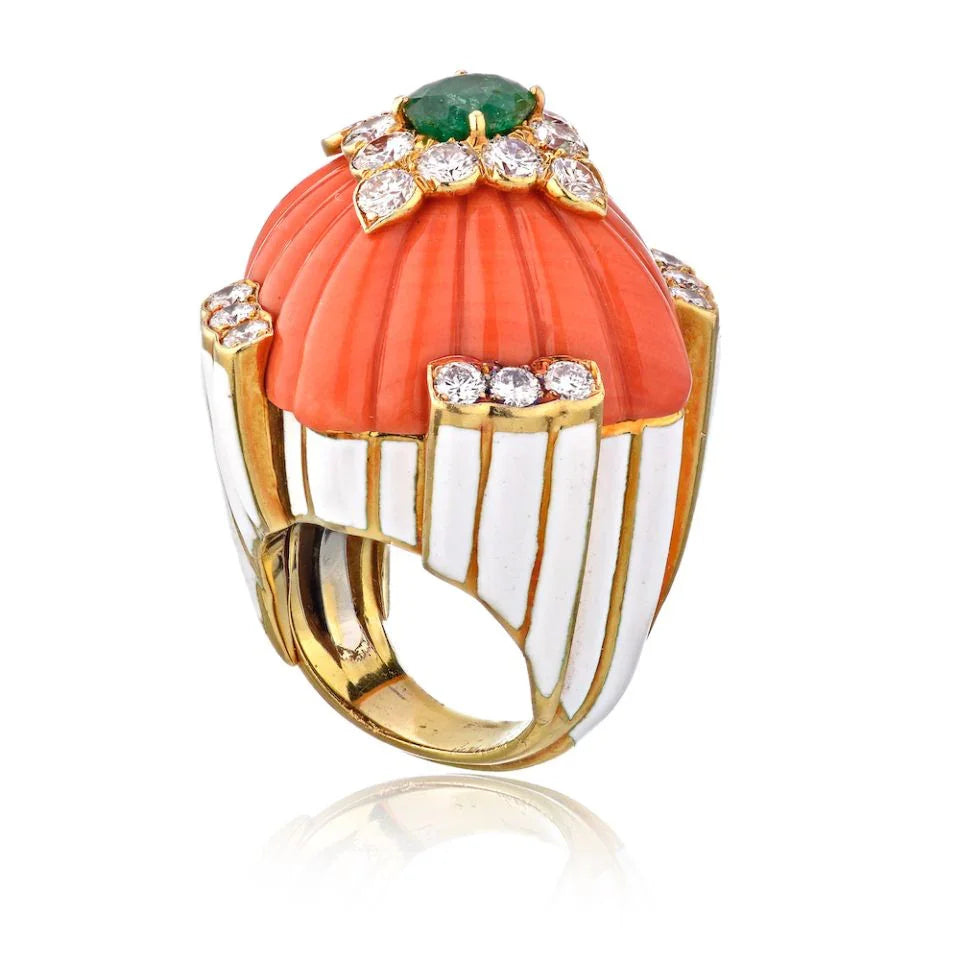David Webb Circa 1970's Platinum & 18K Yellow Gold Coral White Enamel, 3.00 Carat Diamond Ring - The Back Vault