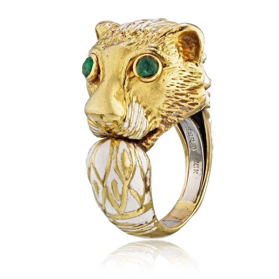 David Webb Platinum & 18K Yellow Gold White Enamel, Green Emeralds, Lion Head Vintage Ring - The Back Vault