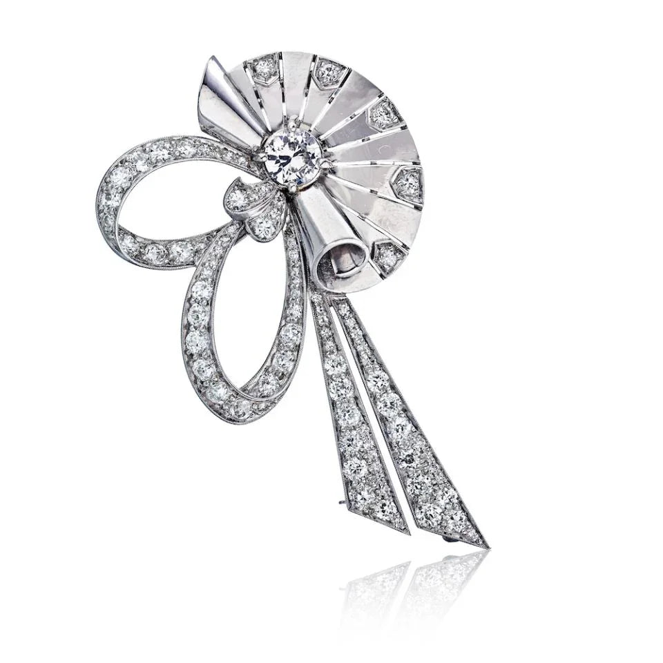 Raymond C. Yard 1940's Platinum Retro Diamond Fan Clip Brooch - The Back Vault