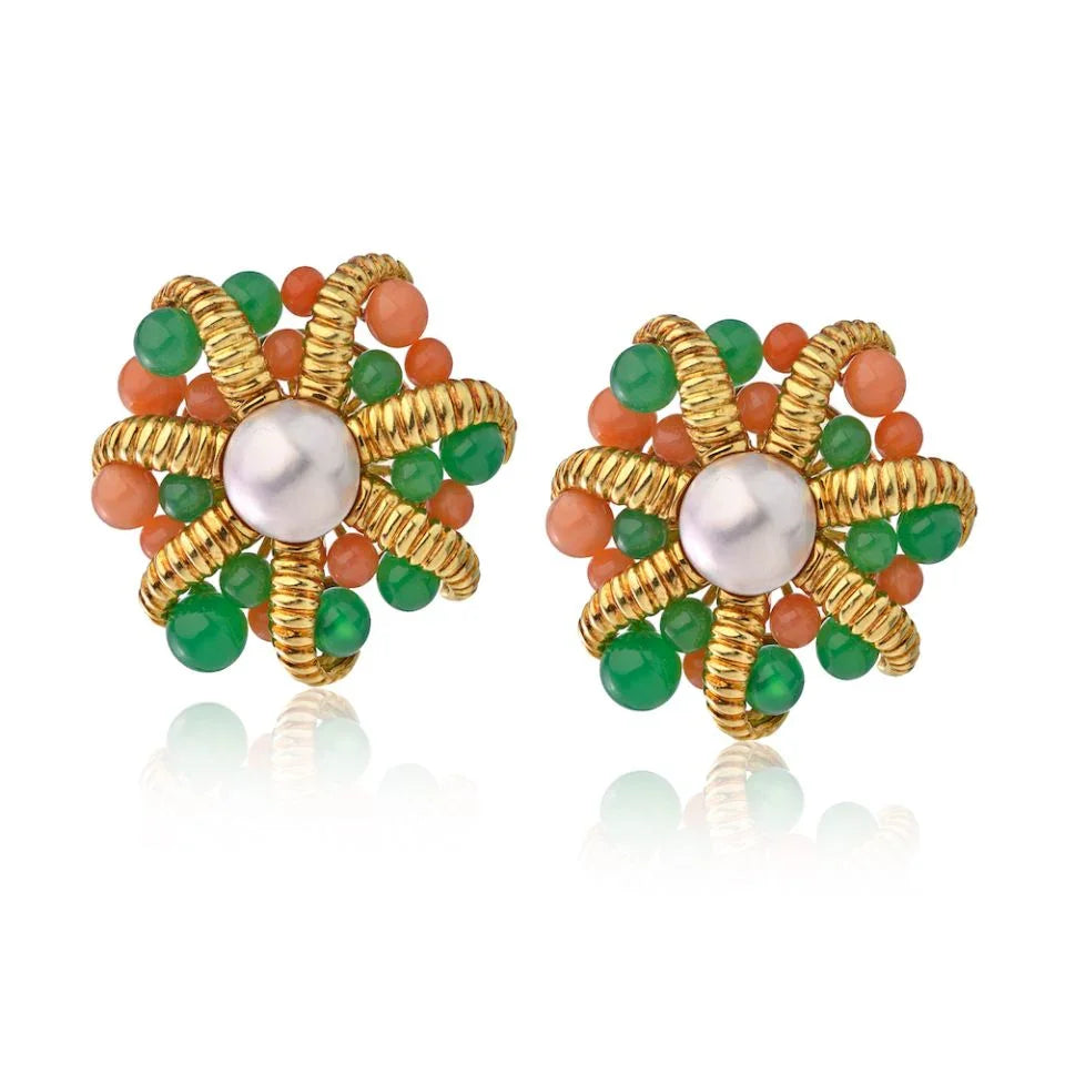 Tiffany & Co. 18K Yellow Gold Cultured Pearl Coral and Chrysoprase Clip-On Earrings - The Back Vault