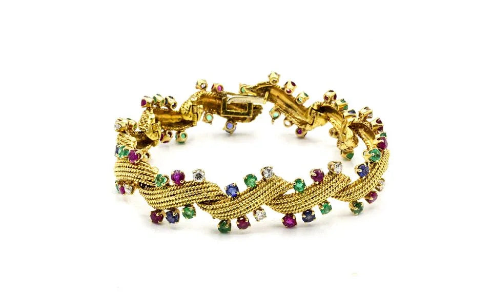 David Webb Circa 1970's Platinum & 18K Yellow Gold Multicolor Sapphire,Emerald & Diamonds Bracelet - The Back Vault