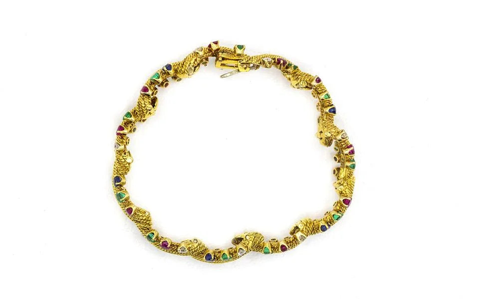 David Webb Circa 1970's Platinum & 18K Yellow Gold Multicolor Sapphire,Emerald & Diamonds Bracelet - The Back Vault