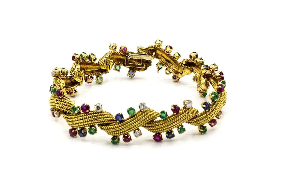 David Webb Circa 1970's Platinum & 18K Yellow Gold Multicolor Sapphire,Emerald & Diamonds Bracelet - The Back Vault