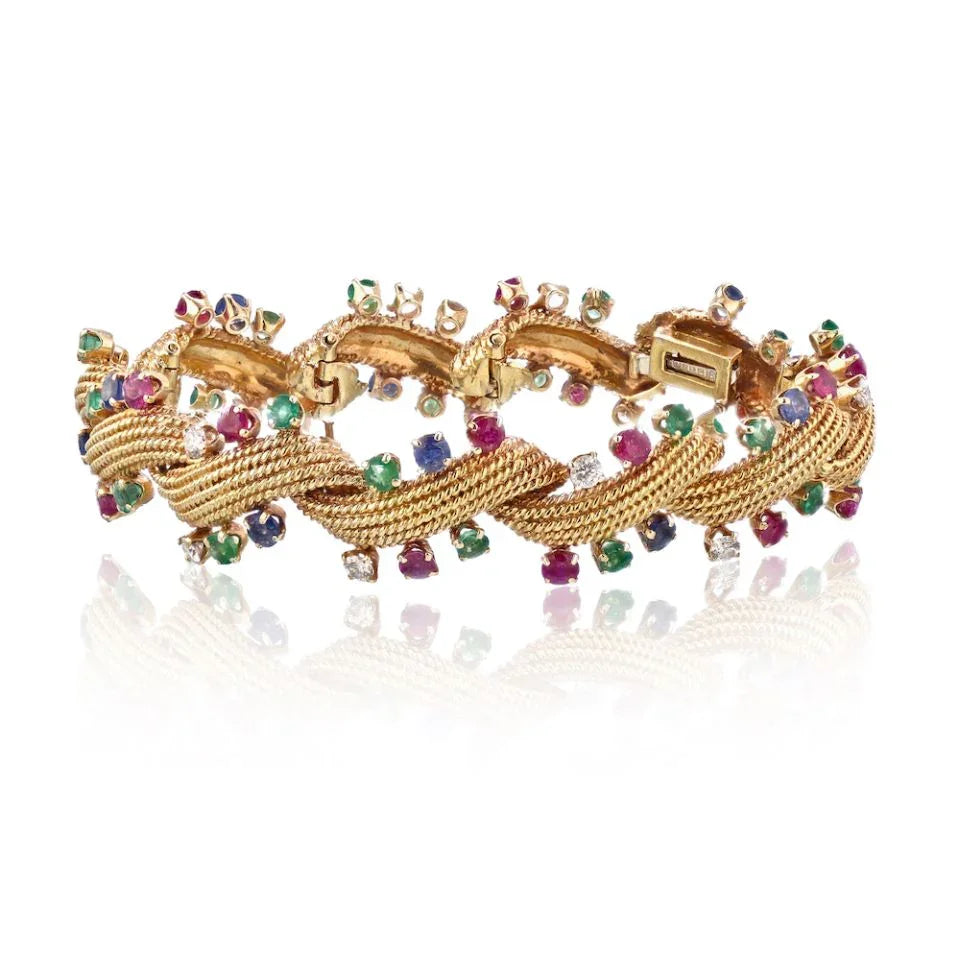 David Webb Circa 1970's Platinum & 18K Yellow Gold Multicolor Sapphire,Emerald & Diamonds Bracelet - The Back Vault