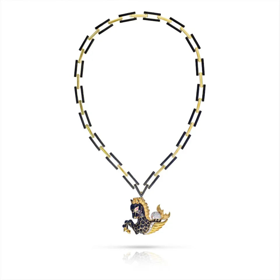David Webb Platinum & 18K Yellow Gold Black Enamel Pegasus Clip-On A Signature Chain Necklace - The Back Vault