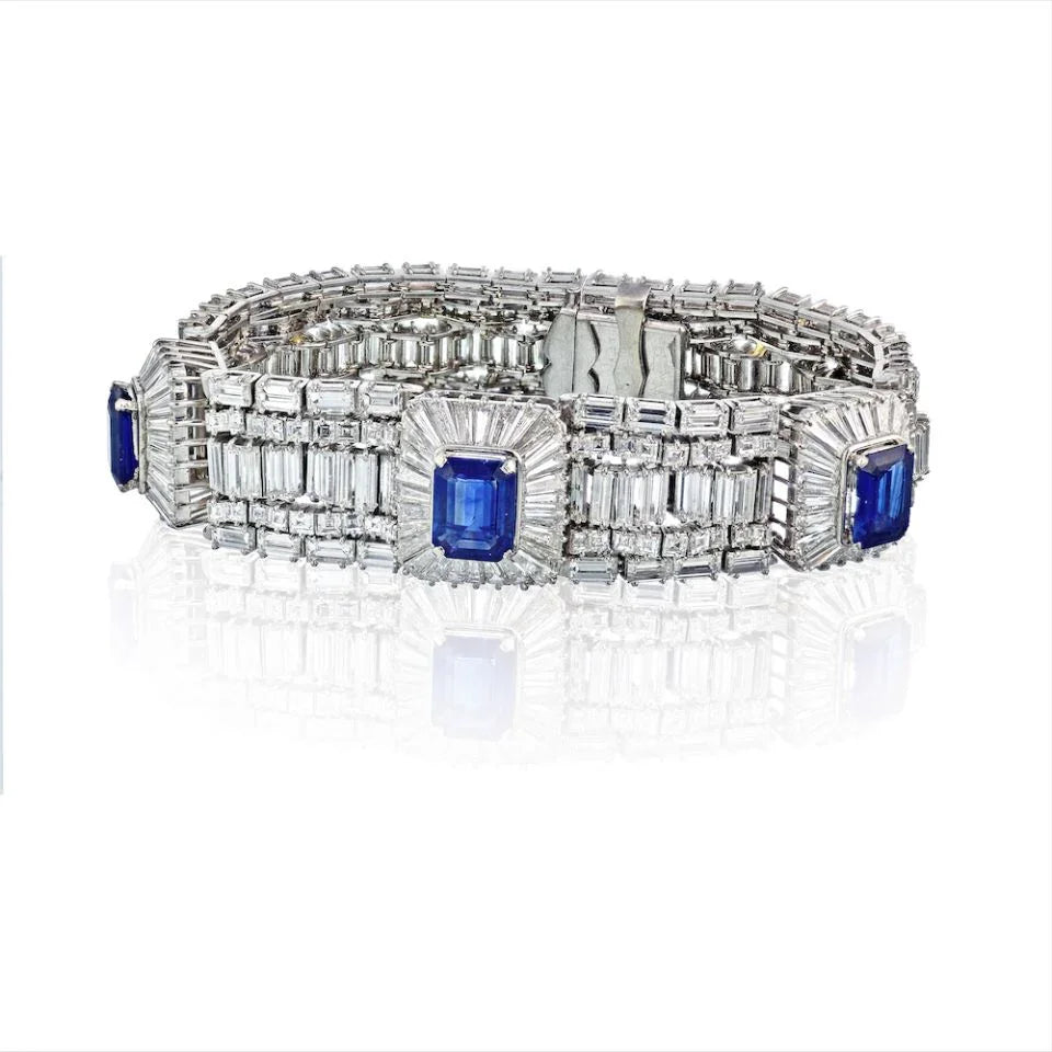 Platinum 42 Carat Diamond , Blue Sapphire Estate Bracelet - The Back Vault