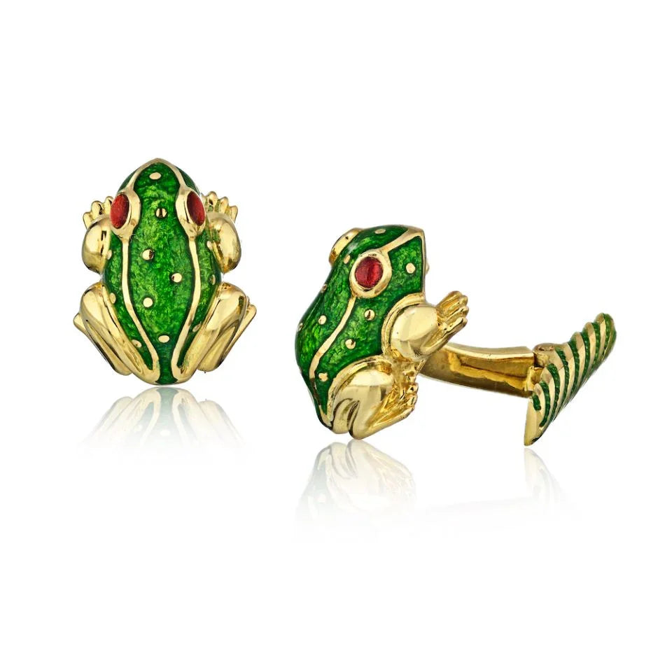 David Webb 18K Yellow Gold Frog Green Enamel Ruby Eyes Cuff Links - The Back Vault