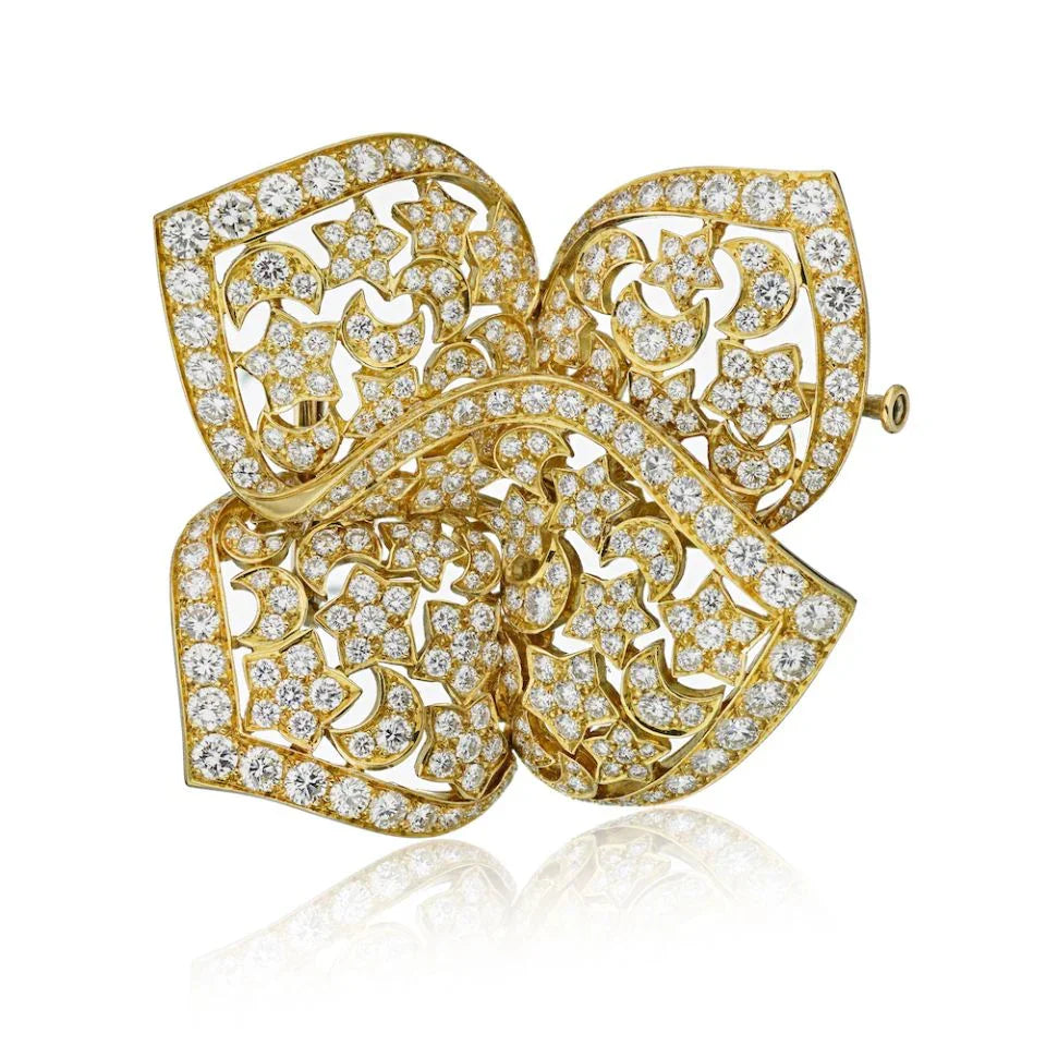Van Cleef & Arpels Circa 1970's 18K Yellow Gold Star & Moon French Diamond Brooch - The Back Vault