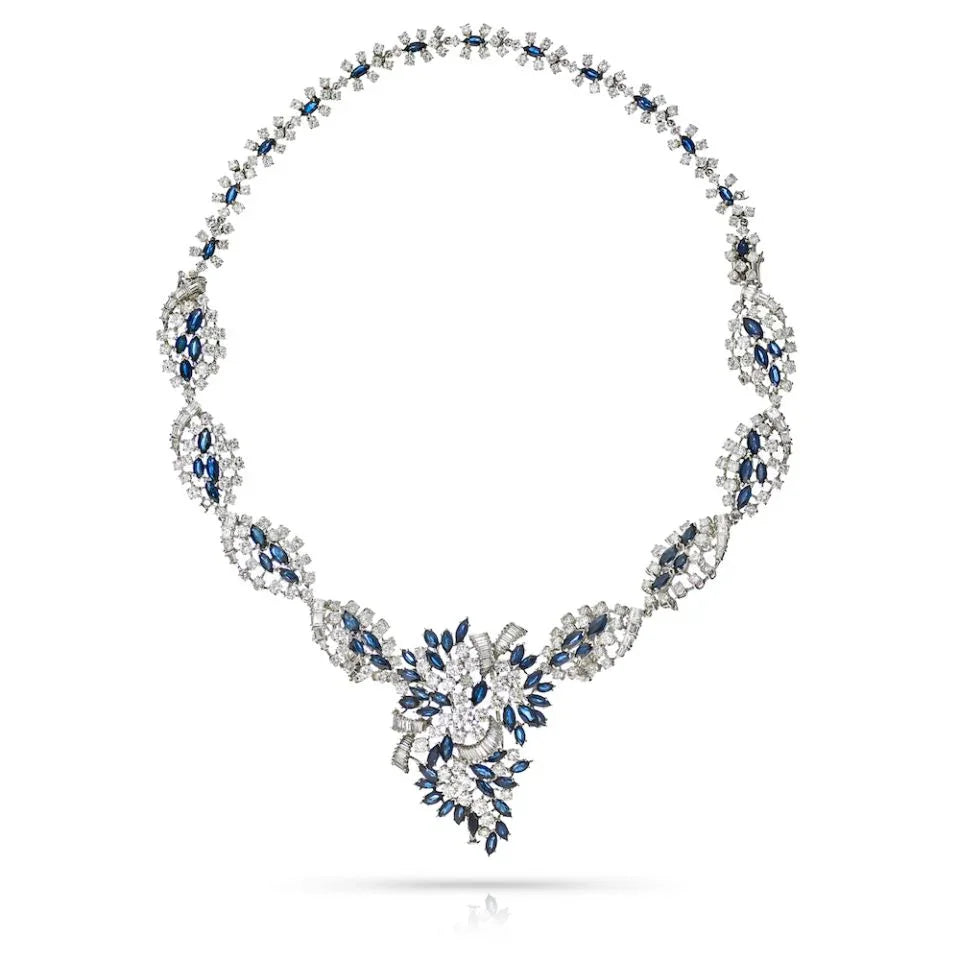 18K White Gold Sapphire And Diamond Convertable Necklace Jewelry Set - The Back Vault