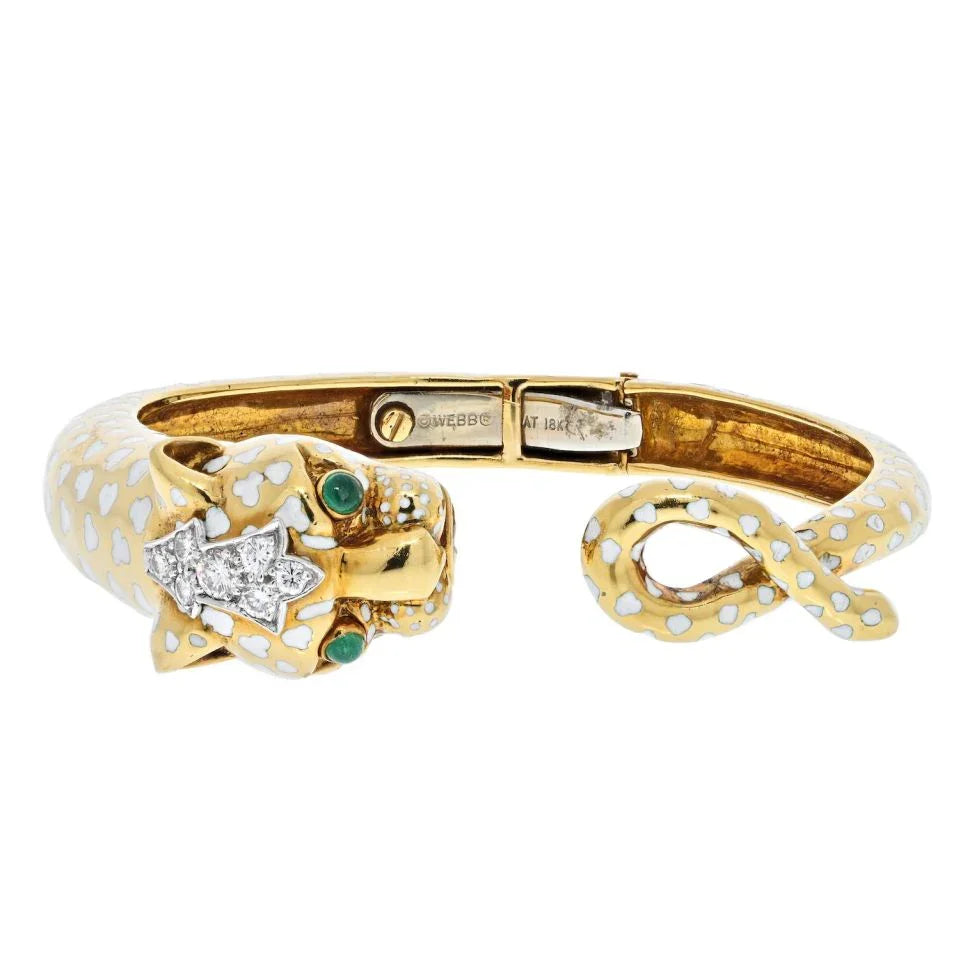David Webb Panthere Platinum & 18K Yellow Gold White Enamel Diamond Bangle Bracelet - The Back Vault