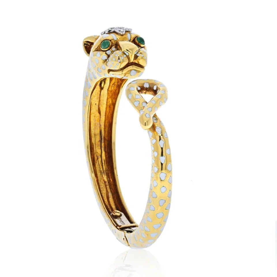 David Webb Panthere Platinum & 18K Yellow Gold White Enamel Diamond Bangle Bracelet - The Back Vault