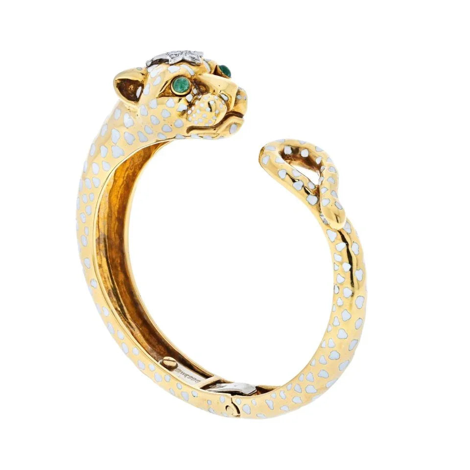 David Webb Panthere Platinum & 18K Yellow Gold White Enamel Diamond Bangle Bracelet - The Back Vault