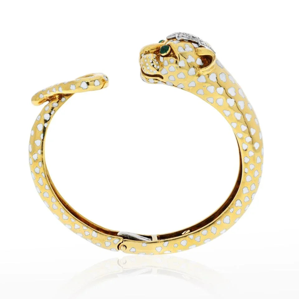 David Webb Panthere Platinum & 18K Yellow Gold White Enamel Diamond Bangle Bracelet - The Back Vault