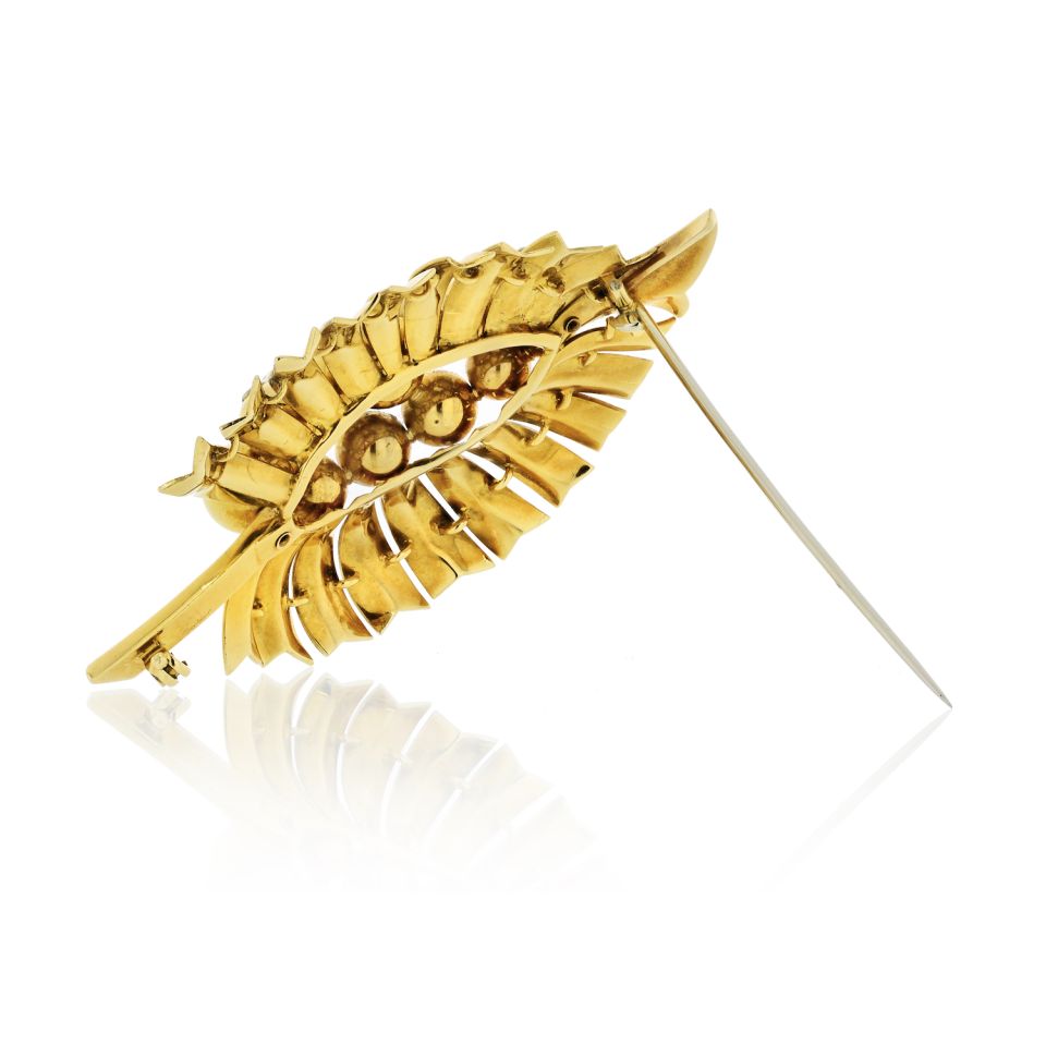 Cartier Art Deco 18K Yellow Gold Leaf Foliage Diamond Brooch